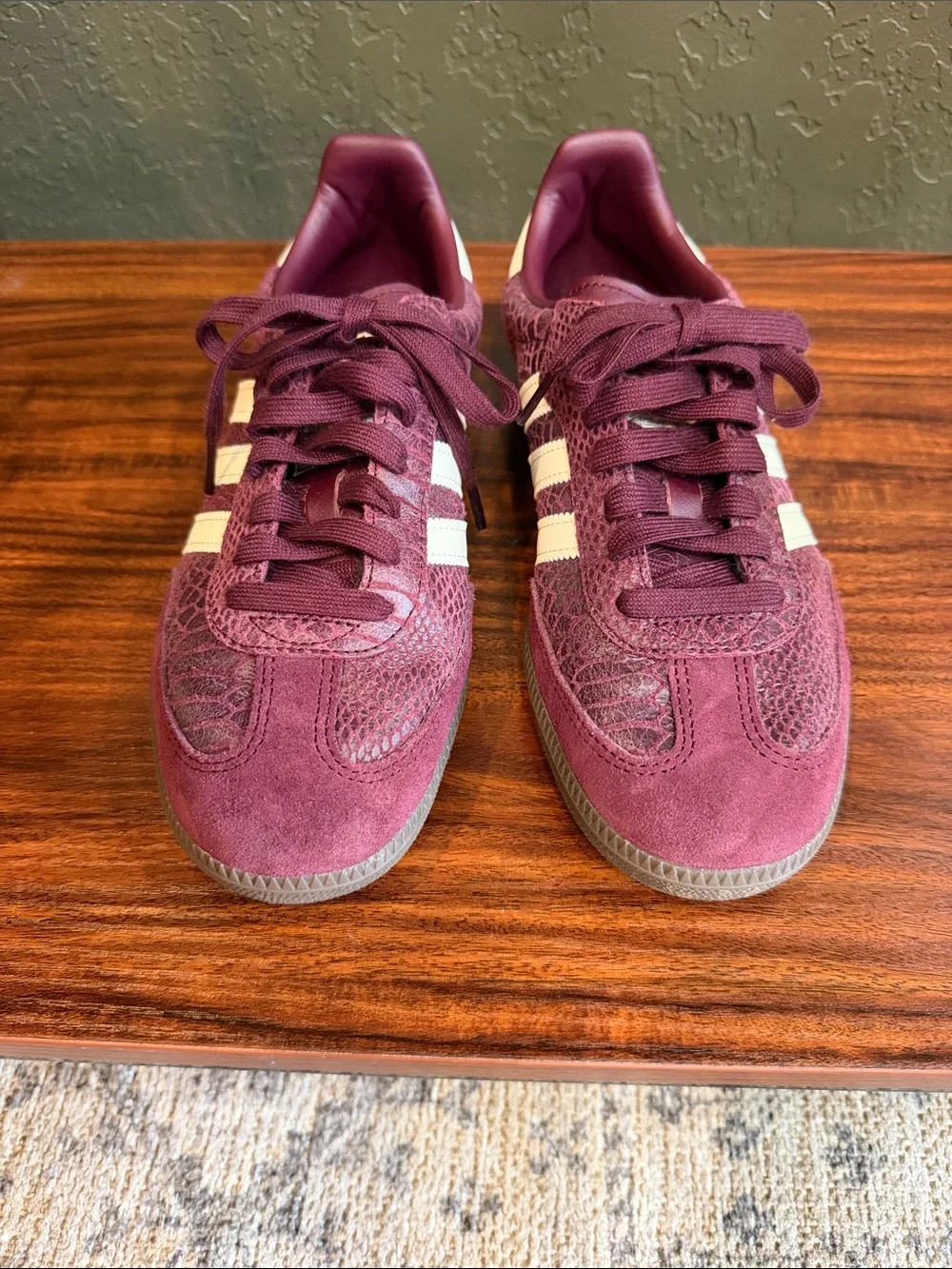 adidas Maroon Suede Trainers with White Stripes - Picture 1 of 8